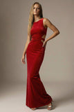 Dark Red Mermaid Cut Out Round Neck Velvet Long Formal Dress