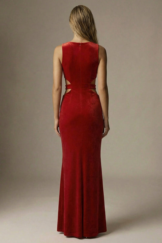 Dark Red Mermaid Cut Out Round Neck Velvet Long Formal Dress