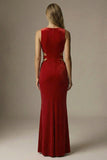 Dark Red Mermaid Cut Out Round Neck Velvet Long Formal Dress