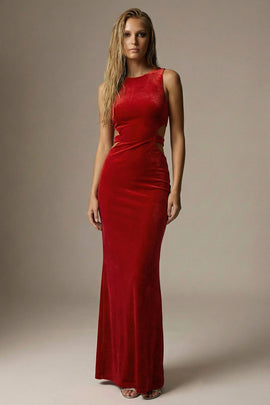 Dark Red Mermaid Cut Out Round Neck Velvet Long Formal Dress