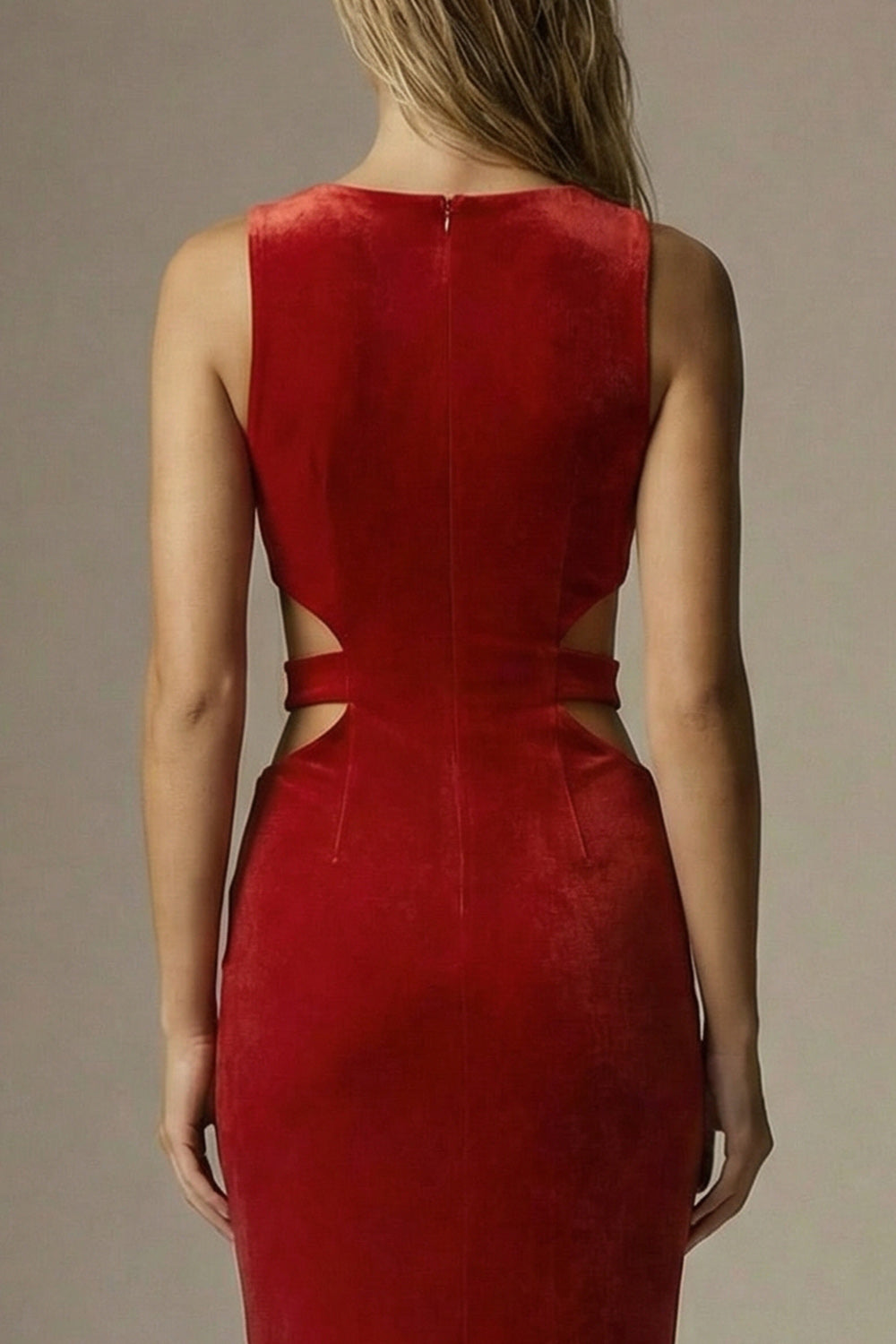 Dark Red Mermaid Cut Out Round Neck Velvet Long Formal Dress