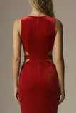 Dark Red Mermaid Cut Out Round Neck Velvet Long Formal Dress