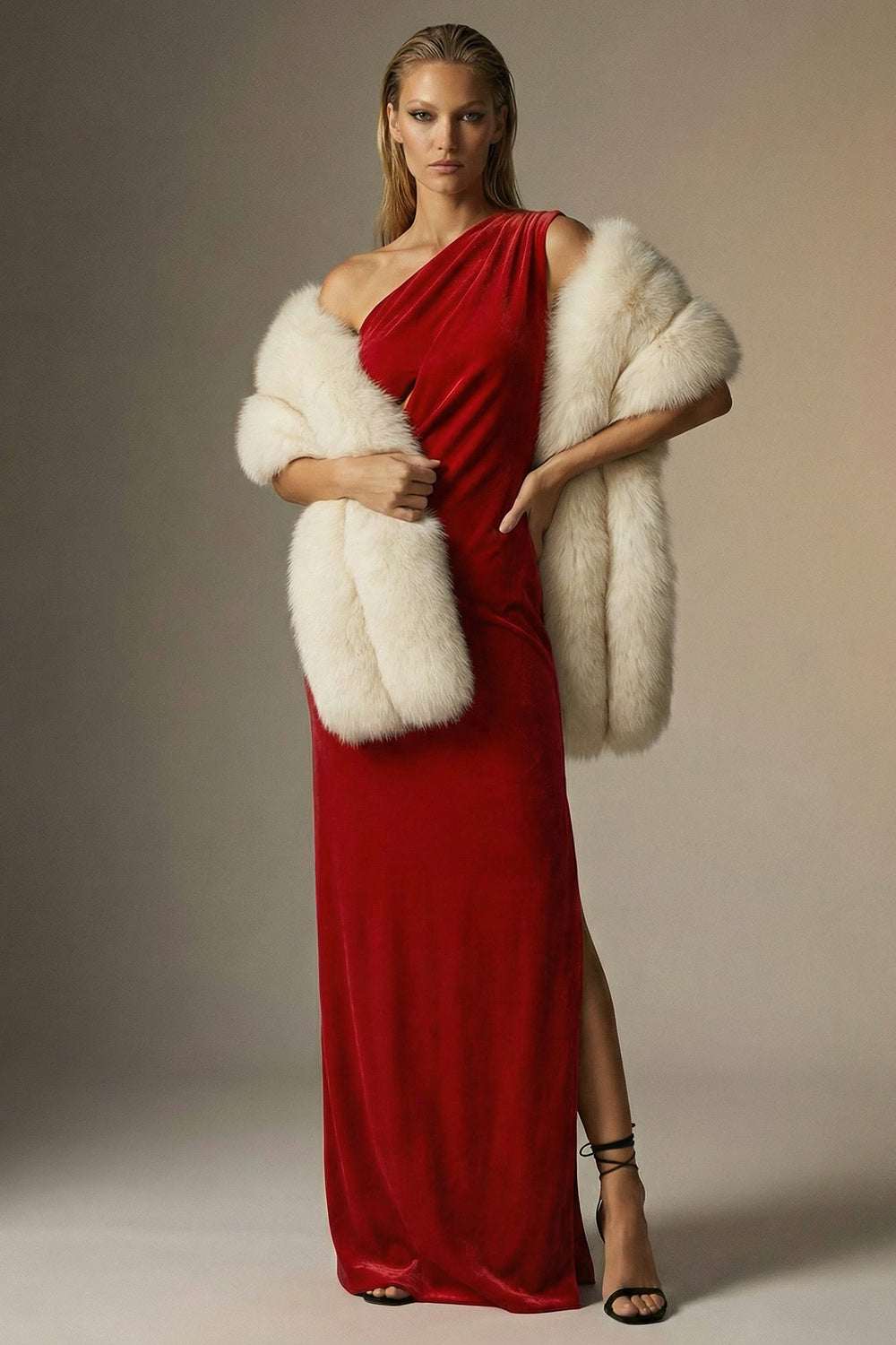Dark Red Sheath One Shoulder Velvet Long Formal Dress with Slit