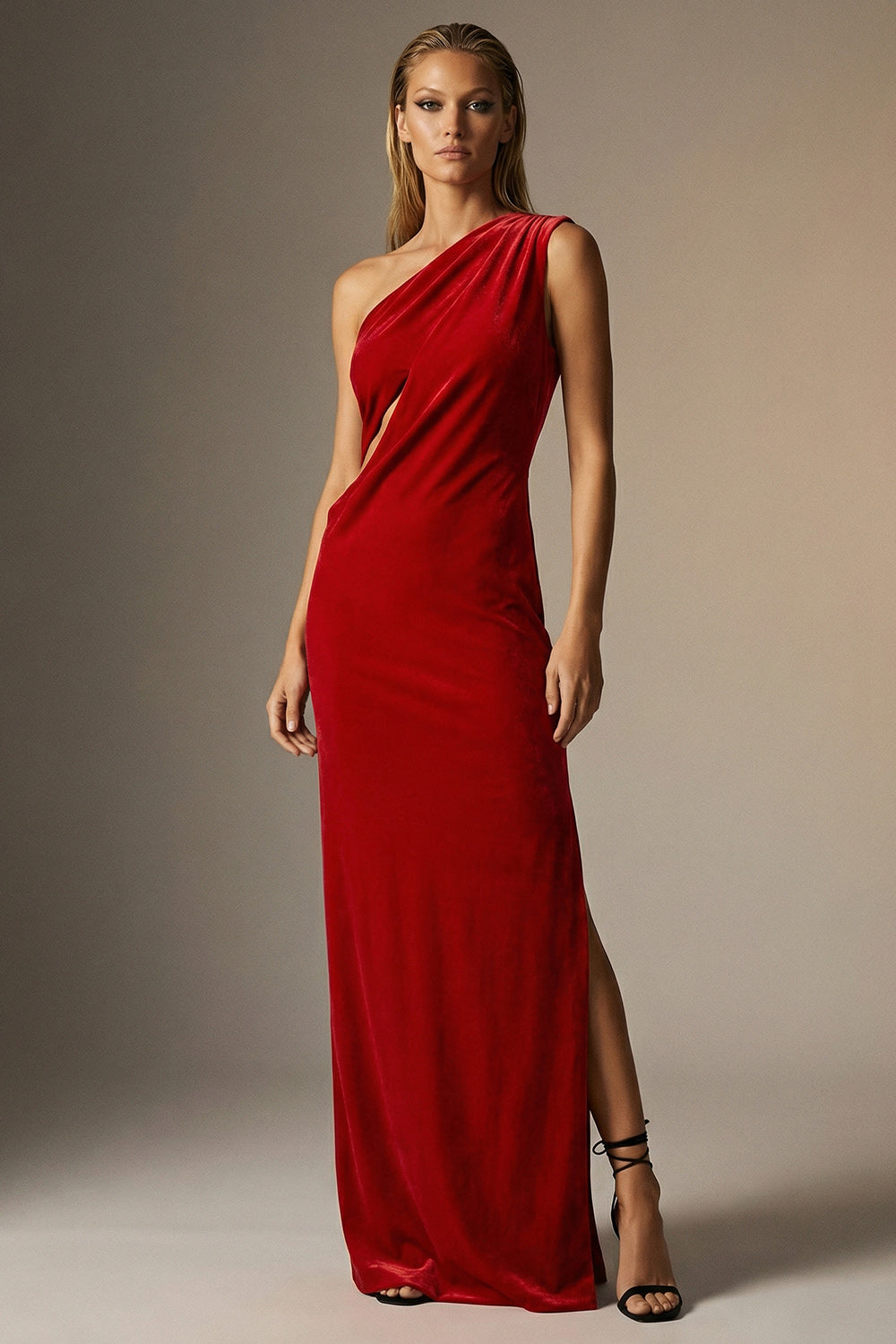 Dark Red Sheath One Shoulder Velvet Long Formal Dress with Slit