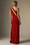Dark Red Sheath One Shoulder Velvet Long Formal Dress with Slit