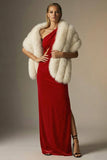 Dark Red Sheath One Shoulder Velvet Long Formal Dress with Slit