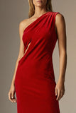 Dark Red Sheath One Shoulder Velvet Long Formal Dress with Slit