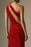 Dark Red Sheath One Shoulder Velvet Long Formal Dress with Slit