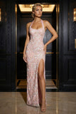 Pink Corset Mermaid Appliqued Floral Long Prom Dress with Slit