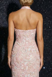 Pink Corset Mermaid Appliqued Floral Long Prom Dress with Slit