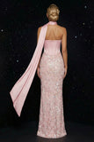 Pink Corset Neck Scarf Mermaid Floral Long Prom Dress