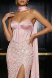Pink Corset Neck Scarf Mermaid Floral Long Prom Dress