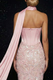 Pink Corset Neck Scarf Mermaid Floral Long Prom Dress
