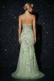 Green Floral Corset Tulle Mermaid Long Prom Dress with Slit
