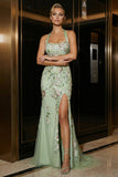 Green Floral Corset Tulle Mermaid Long Prom Dress with Slit