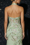 Green Floral Corset Tulle Mermaid Long Prom Dress with Slit