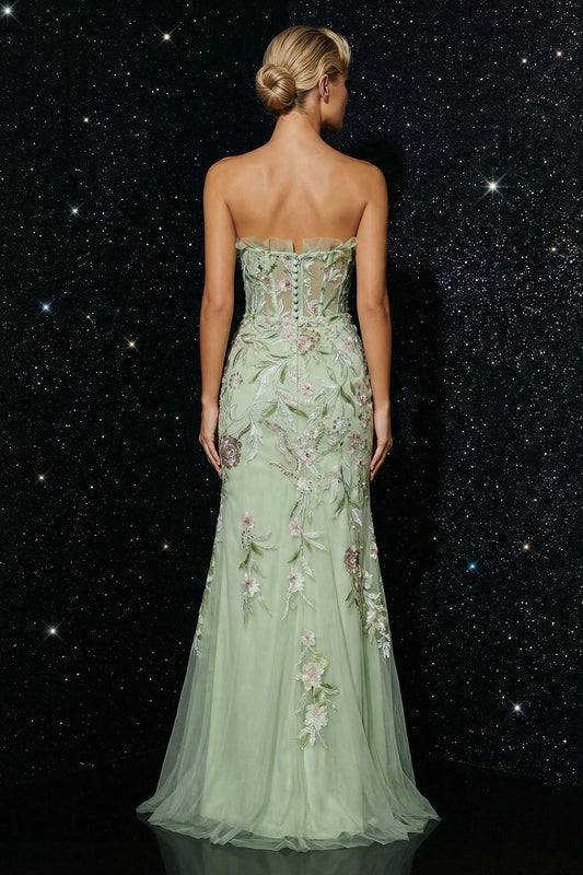 Green Strapless Corset Tulle Appliqued Mermaid Long Prom Dress with Slit