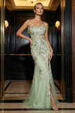 Green Strapless Corset Tulle Appliqued Mermaid Long Prom Dress with Slit