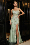 Green Strapless Corset Tulle Appliqued Mermaid Long Prom Dress with Slit
