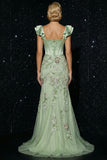 Green Corset Mermaid Floral Appliqued Long Prom Dress with Slit