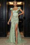 Green Corset Mermaid Floral Appliqued Long Prom Dress with Slit