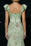 Green Corset Mermaid Floral Appliqued Long Prom Dress with Slit