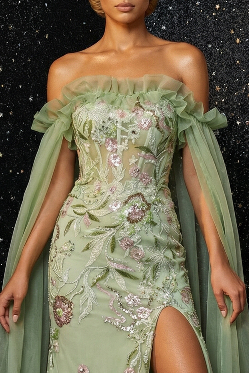 Tulle Green Appliqued Long Mermaid Corset Prom Dress with Cape