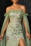 Tulle Green Appliqued Long Mermaid Corset Prom Dress with Cape