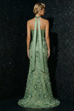 Neck Scarf Corset Green Flower Appliqued Long Mermaid Prom Dress with Slit