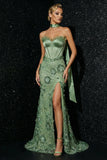 Neck Scarf Corset Green Flower Appliqued Long Mermaid Prom Dress with Slit