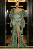 Neck Scarf Corset Green Flower Appliqued Long Mermaid Prom Dress with Slit