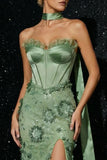 Neck Scarf Corset Green Flower Appliqued Long Mermaid Prom Dress with Slit