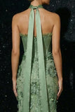 Neck Scarf Corset Green Flower Appliqued Long Mermaid Prom Dress with Slit