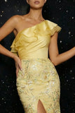 Yellow One Shoulder Mermaid Long Floral Prom Dress with Slit