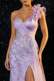 Purple One Shoulder Appliqued Mermaid Long Tulle Prom Dress with Slit