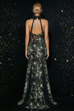 Black Ruffled Mermaid Floral Corset Halter Long Prom Dress with Slit
