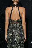 Black Ruffled Mermaid Floral Corset Halter Long Prom Dress with Slit