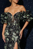 Black Mermaid Off the Shoulder Corset Floral Long Prom Dress with Slit