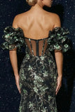 Black Mermaid Off the Shoulder Corset Floral Long Prom Dress with Slit