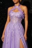 Purple Tulle Corset Ruffled A Line Long Prom Dress with Slit