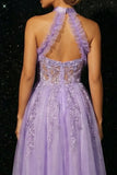 Purple Tulle Corset Ruffled A Line Long Prom Dress with Slit
