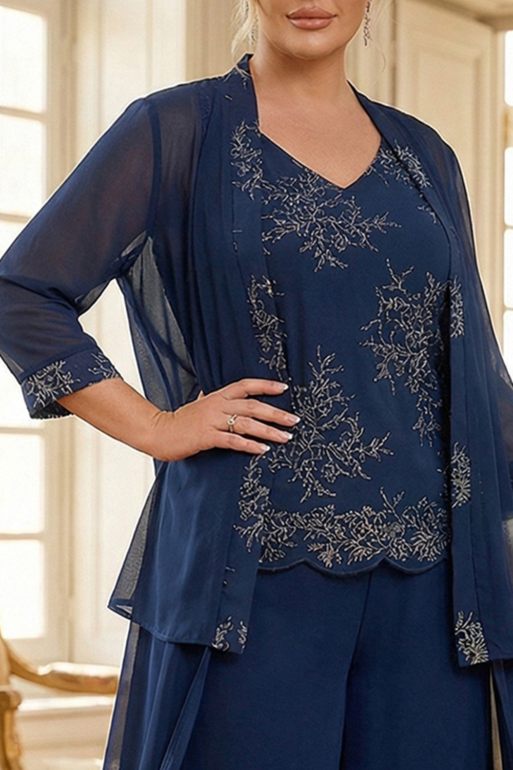 3 Piece Navy Chiffon Plus Size Floral V Neck Long Mother of the Bride Pantsuits