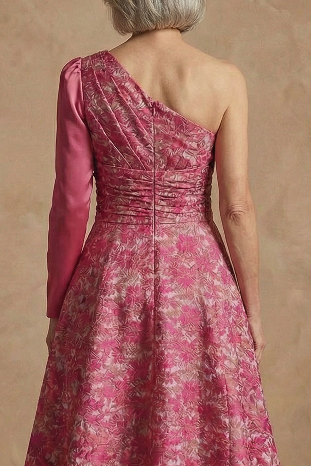 Fuchsia Floral One Shoulder A Line Long Mother of the Bride Dress with Sleeves