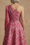 Fuchsia Floral One Shoulder A Line Long Mother of the Bride Dress with Sleeves