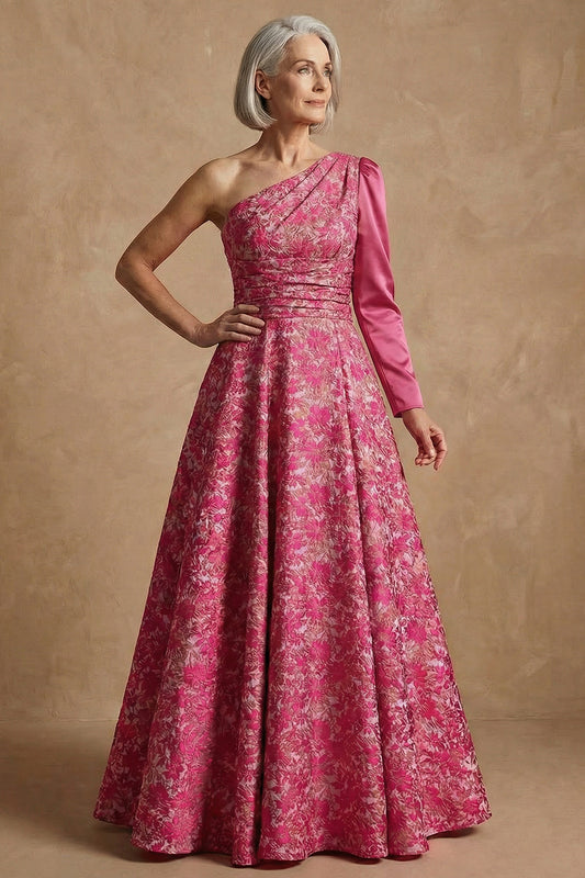 Fuchsia Floral One Shoulder A Line Long Mother of the Bride Dress with Sleeves