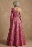 Plus Size Floral Fuchsia A Line One Shoulder Long Mother of the Bride Dress with Sleeves