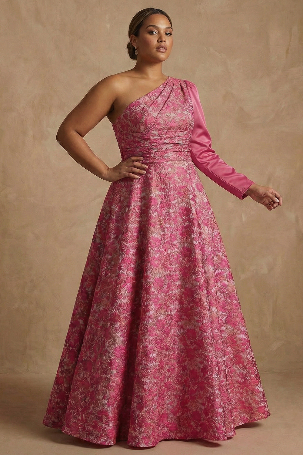 Plus Size Floral Fuchsia A Line One Shoulder Long Mother of the Bride Dress with Sleeves