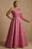 Plus Size Floral Fuchsia A Line One Shoulder Long Mother of the Bride Dress with Sleeves