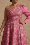 Plus Size Floral Fuchsia A Line One Shoulder Long Mother of the Bride Dress with Sleeves