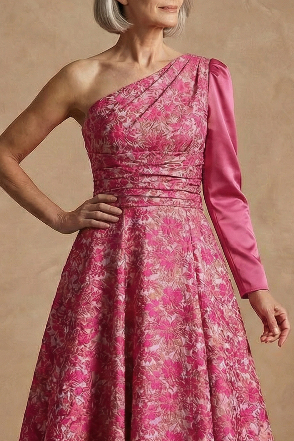 Fuchsia Floral One Shoulder A Line Long Mother of the Bride Dress with Sleeves